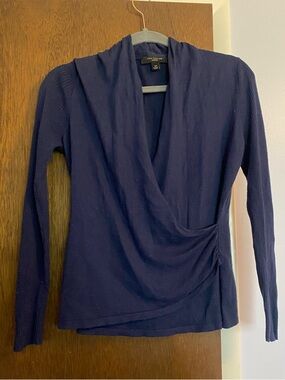 Ann Taylor Navy Draped Wrap-Front Long Sleeve Top size Small Petite